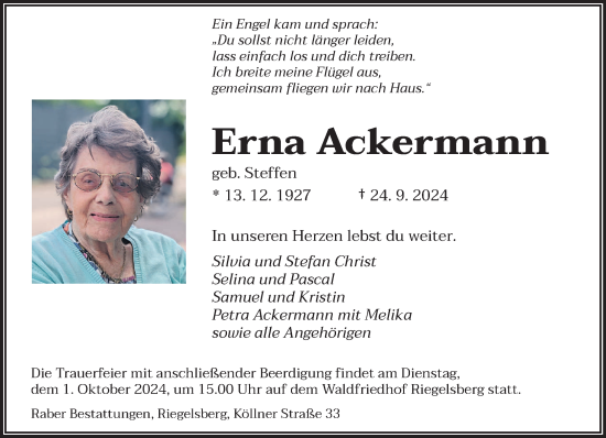 Traueranzeige von Erna Ackermann von saarbruecker_zeitung