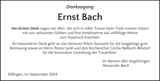 Traueranzeige von Ernst Bach von saarbruecker_zeitung