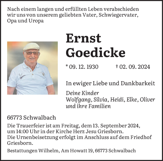 Traueranzeige von Ernst Goedicke von saarbruecker_zeitung