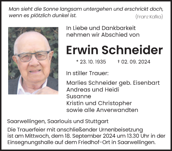 Traueranzeige von Erwin Schneider von saarbruecker_zeitung