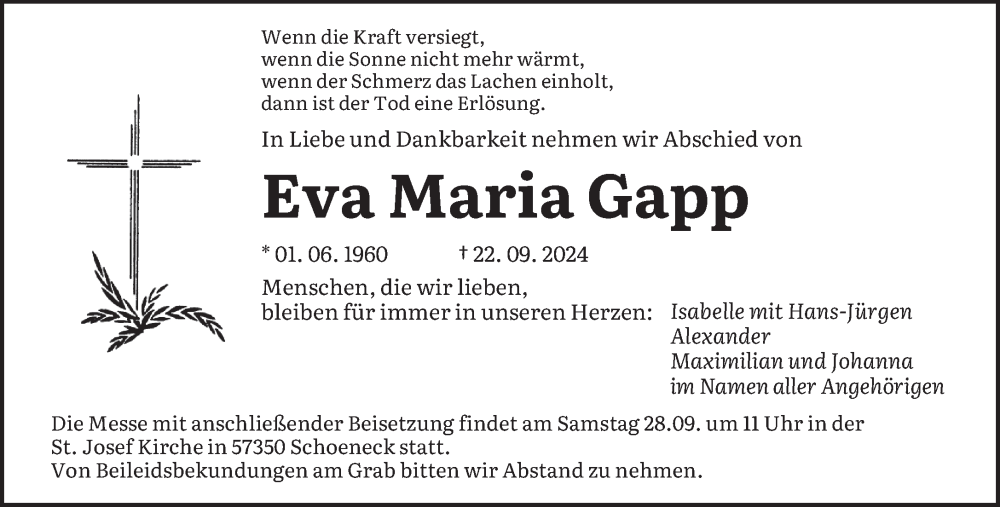  Traueranzeige für Eva Maria Gapp vom 26.09.2024 aus saarbruecker_zeitung