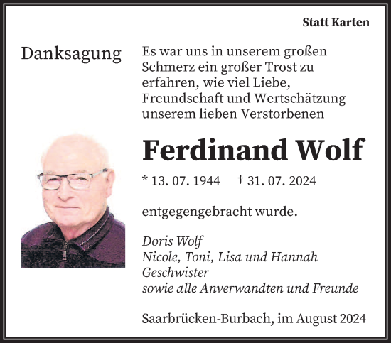 Traueranzeige von Ferdinand Wolf von saarbruecker_zeitung