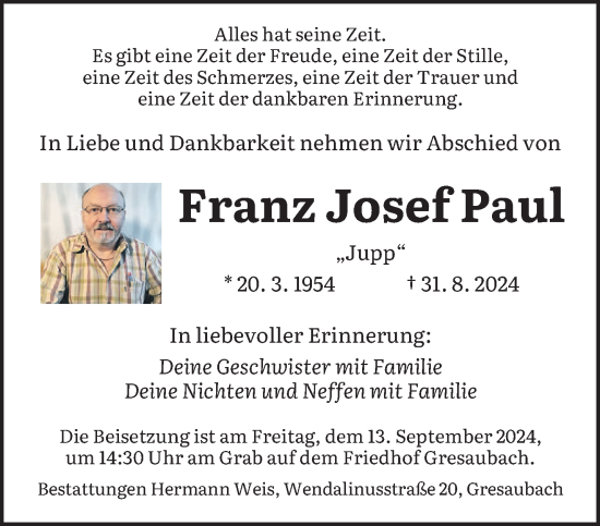 Traueranzeige von Franz Josef Paul von saarbruecker_zeitung