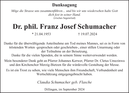 Traueranzeige von Franz Josef Schumacher von saarbruecker_zeitung