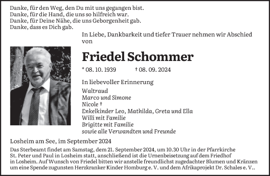 Traueranzeige von Friedel Schommer von saarbruecker_zeitung