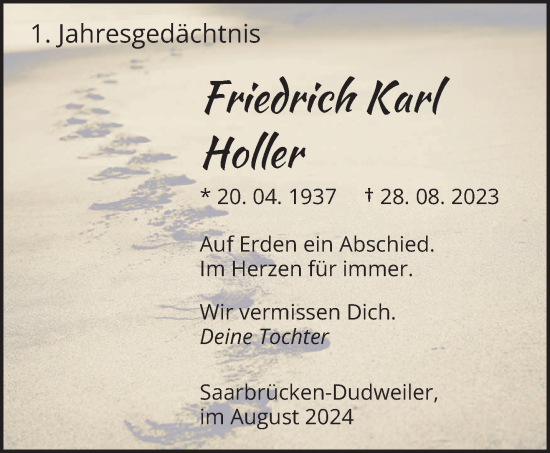 Traueranzeige von Friedrich Karl Holler von saarbruecker_zeitung