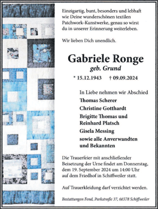 Traueranzeige von Gabriele Ronge von saarbruecker_zeitung