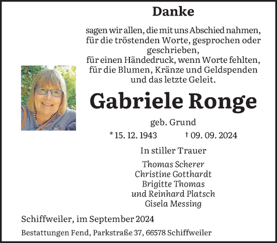 Traueranzeige von Gabriele Ronge von saarbruecker_zeitung