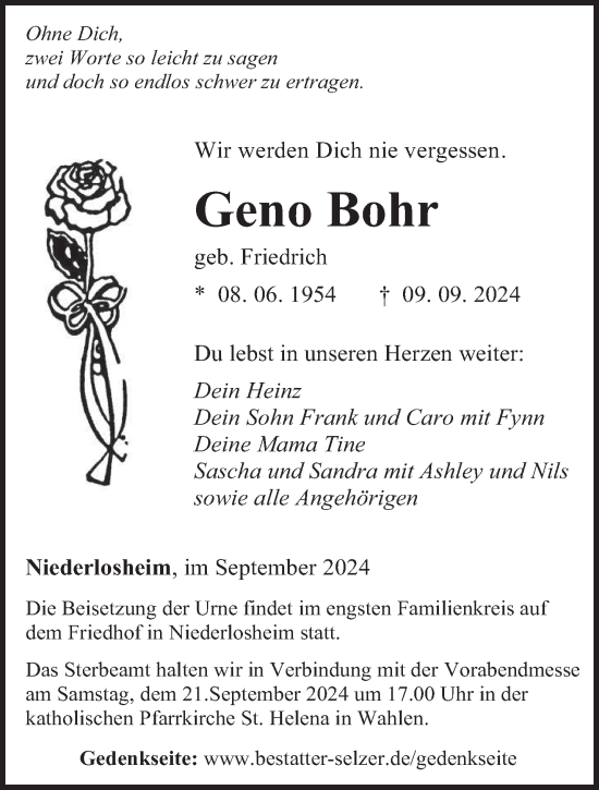 Traueranzeige von Geno Bohr von saarbruecker_zeitung