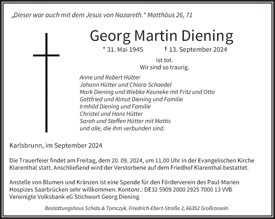 Traueranzeige von Georg Martin Diening von saarbruecker_zeitung