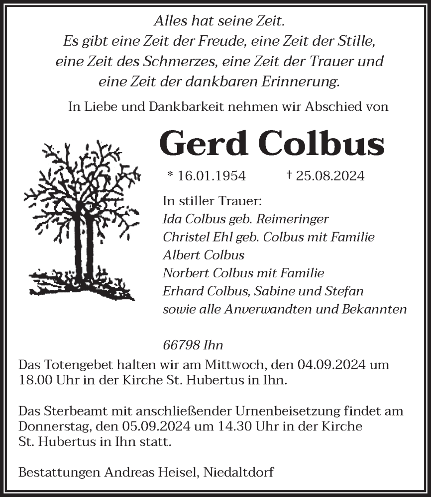  Traueranzeige für Gerd Colbus vom 31.08.2024 aus saarbruecker_zeitung