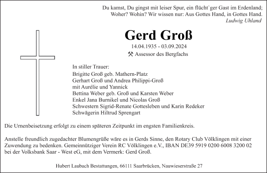 Traueranzeige von Gerd Groß von saarbruecker_zeitung