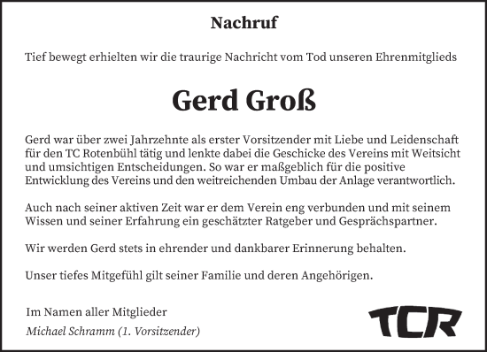 Traueranzeige von Gerd Groß von saarbruecker_zeitung