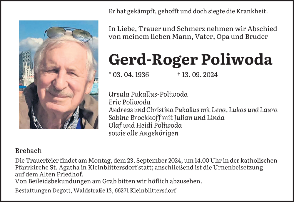  Traueranzeige für Gerd-Roger Poliwoda vom 21.09.2024 aus saarbruecker_zeitung