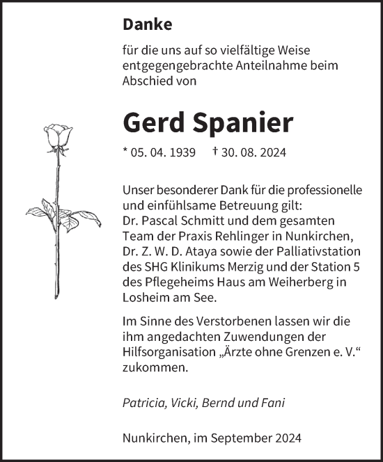 Traueranzeige von Gerd Spanier von saarbruecker_zeitung