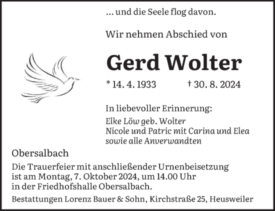 Traueranzeige von Gerd Wolter von saarbruecker_zeitung