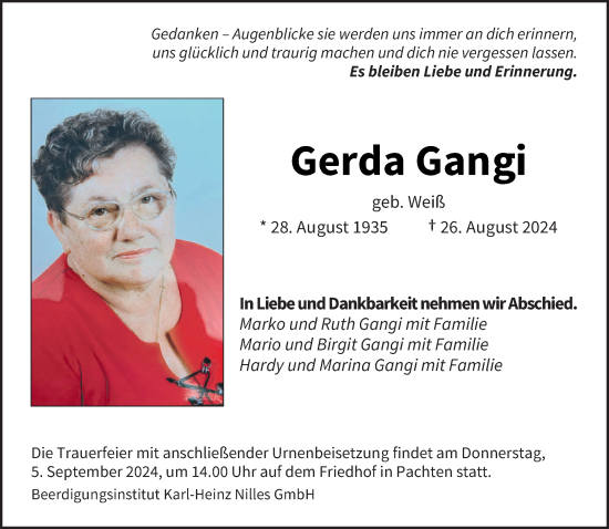 Traueranzeige von Gerda Gangi von saarbruecker_zeitung