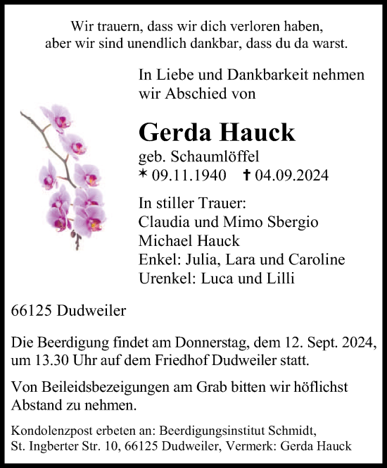 Traueranzeige von Gerda Hauck von saarbruecker_zeitung