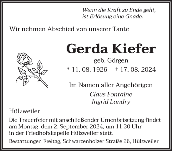 Traueranzeige von Gerda Kiefer von saarbruecker_zeitung