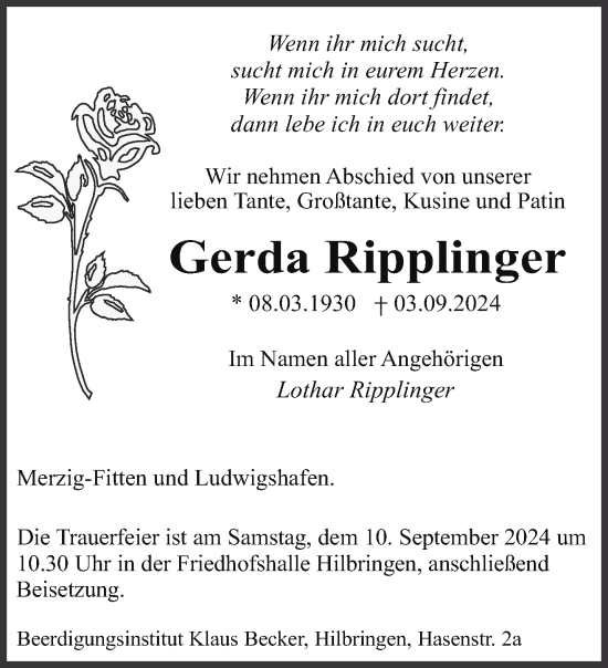 Traueranzeige von Gerda Ripplinger von saarbruecker_zeitung