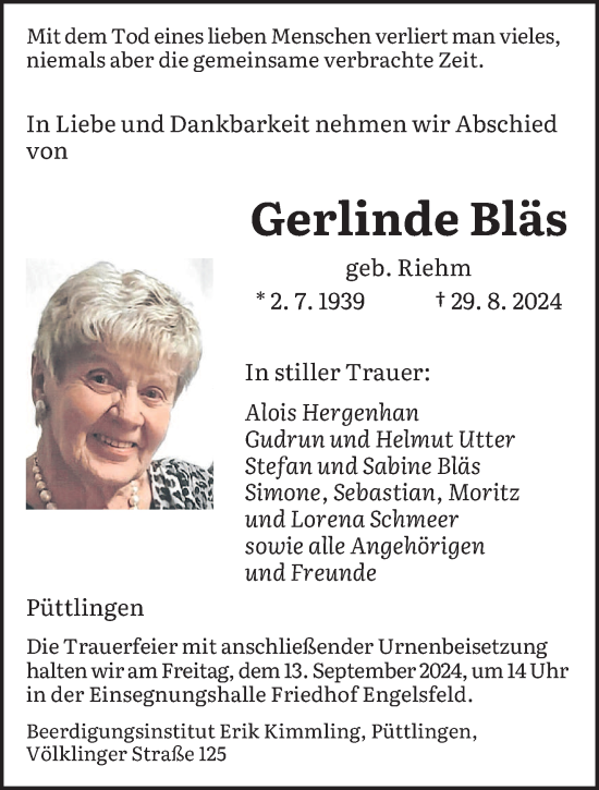 Traueranzeige von Gerlinde Bläs von saarbruecker_zeitung