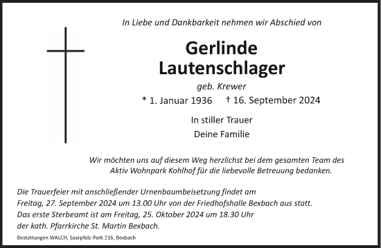 Traueranzeige von Gerlinde Lautenschlager von saarbruecker_zeitung