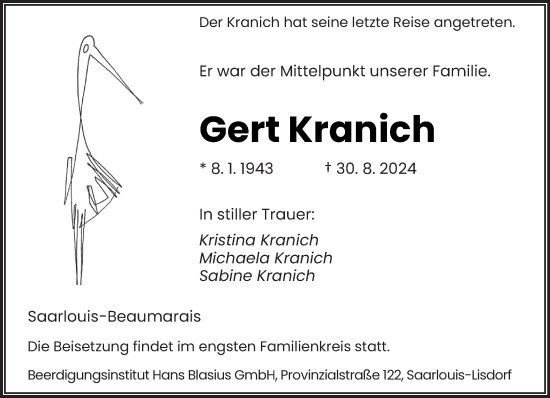 Traueranzeige von Gert Kranich von saarbruecker_zeitung