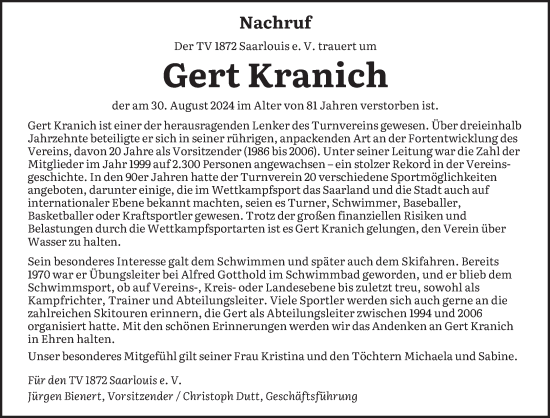 Traueranzeige von Gert Kranich von saarbruecker_zeitung