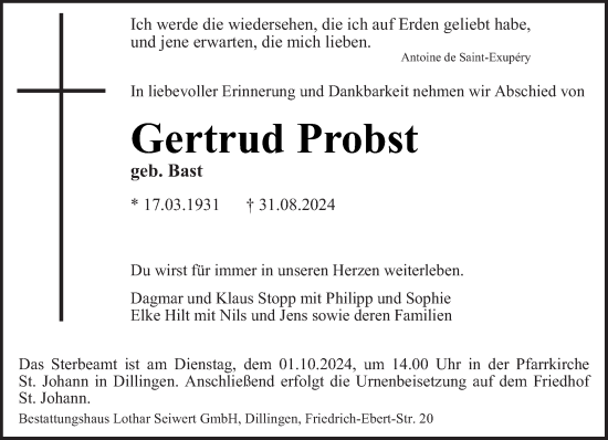 Traueranzeige von Gertrud Probst von saarbruecker_zeitung