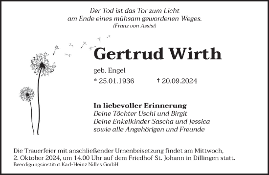 Traueranzeige von Gertrud Wirth von saarbruecker_zeitung