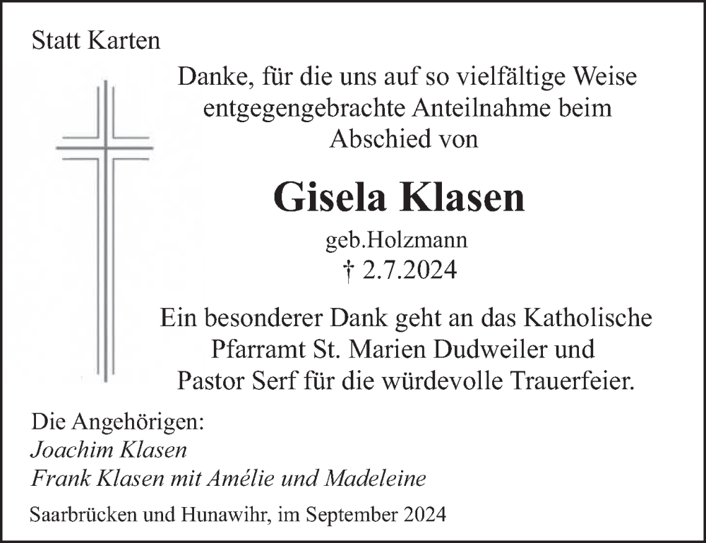  Traueranzeige für Gisela Klasen vom 28.09.2024 aus saarbruecker_zeitung