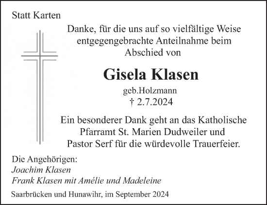Traueranzeige von Gisela Klasen von saarbruecker_zeitung
