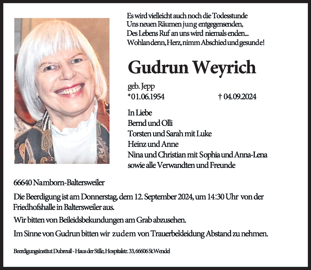  Traueranzeige für Gudrun Weyrich vom 07.09.2024 aus saarbruecker_zeitung