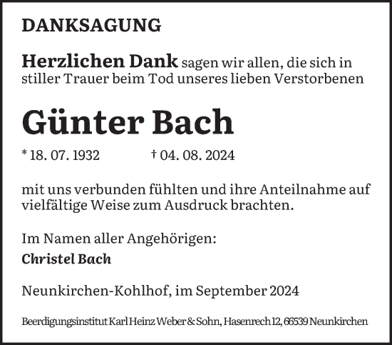 Traueranzeige von Günter Bach von saarbruecker_zeitung