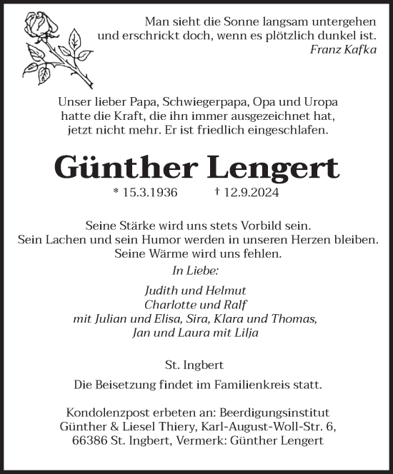 Traueranzeige von Günther Lengert von saarbruecker_zeitung