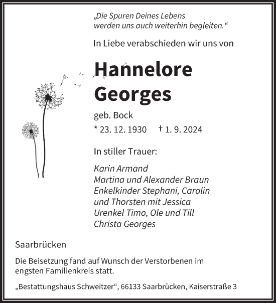 Traueranzeige von Hannelore Georges von saarbruecker_zeitung