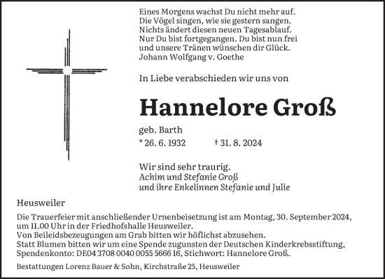 Traueranzeige von Hannelore Groß von saarbruecker_zeitung