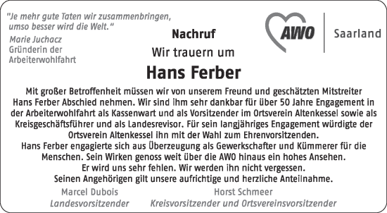 Traueranzeige von Hans Ferber von saarbruecker_zeitung