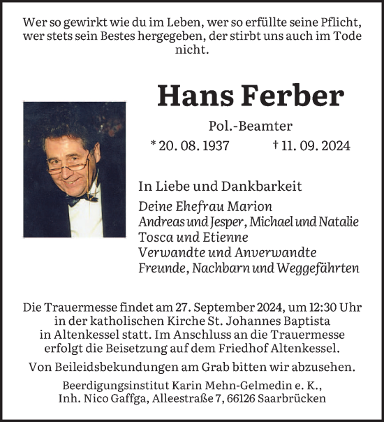 Traueranzeige von Hans Ferber von saarbruecker_zeitung