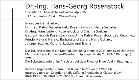 Traueranzeige von Hans-Georg Rosenstock von saarbruecker_zeitung