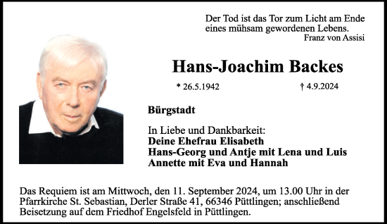 Traueranzeige von Hans-Joachim Backes von saarbruecker_zeitung