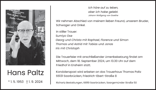 Traueranzeige von Hans Paltz von saarbruecker_zeitung