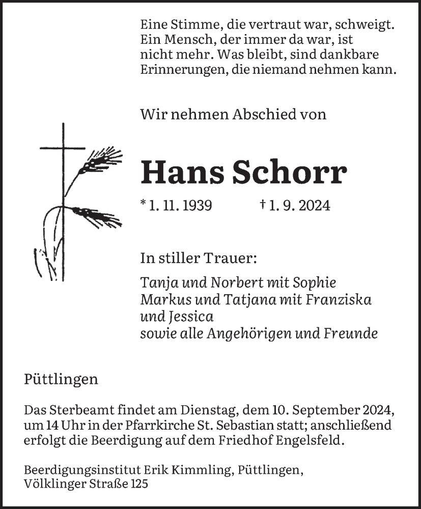  Traueranzeige für Hans Schorr vom 07.09.2024 aus saarbruecker_zeitung