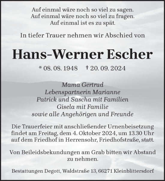 Traueranzeige von Hans-Werner Escher von saarbruecker_zeitung