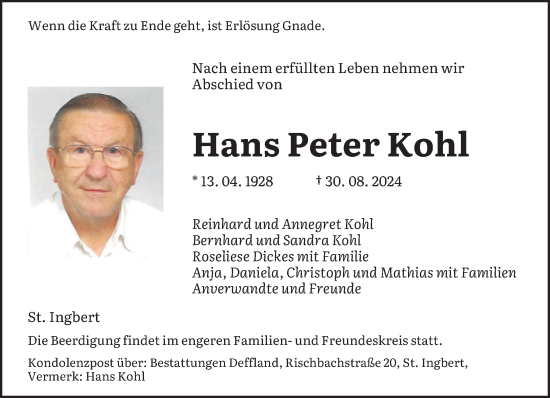 Traueranzeige von Hans Peter Kohl von saarbruecker_zeitung