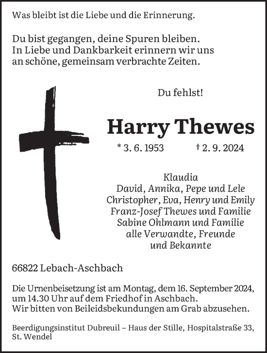 Traueranzeige von Harry Thewes von saarbruecker_zeitung