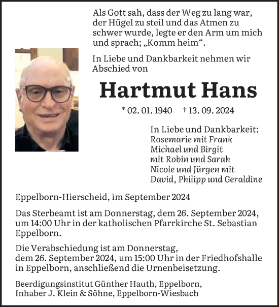 Traueranzeige von Hartmut Hans von saarbruecker_zeitung