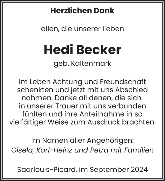 Traueranzeige von Hedi Becker von saarbruecker_zeitung