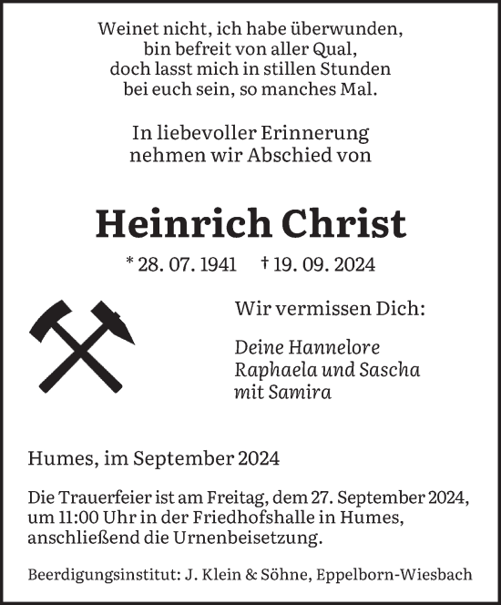 Traueranzeige von Heinrich Christ von saarbruecker_zeitung