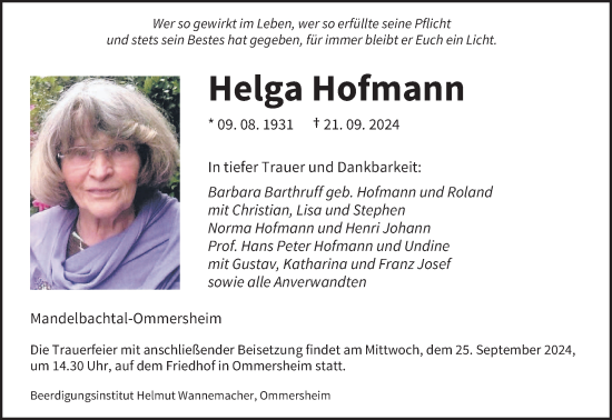 Traueranzeige von Helga Hofmann von saarbruecker_zeitung